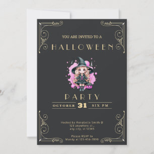 Kreidetafel Schwarz & Gold Hexen-Kürbis Halloween Einladung