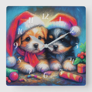 Kreidezeichnung Zwei süße Welpen mit Weihnachtsman Quadratische Wanduhr