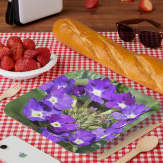 Kreis aus lila Blumen mit weißen Zentren Pappteller
