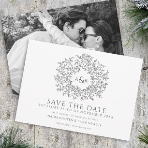 Kreis der Blätter, grau-weiße Foto Hochzeit Save The Date