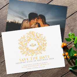 Kreis der Blätter Orangenbraun, weißes Foto Hochze Save The Date