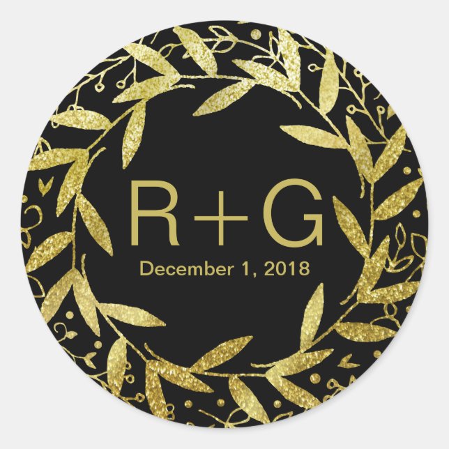 Kreis der Blätter Wreath Gold Glitzer | schwarz Runder Aufkleber (Vorderseite)