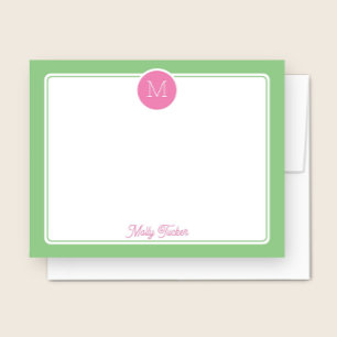 Kreis-Monogramm Preppy Pink und Grün Mitteilungskarte