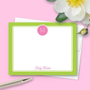 Kreis-Monogramm Preppy Pink und Limettengrün Mitteilungskarte