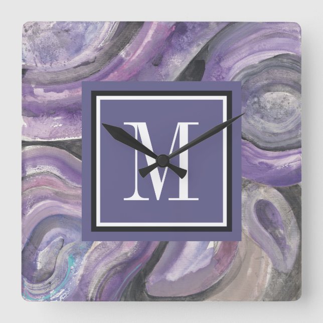 Kreis-Regen des Monogramm-| Quadratische Wanduhr (Vorderseite)