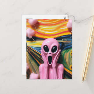 Kreischender rosa Alien Zuckerwatte Kunstparodie Postkarte