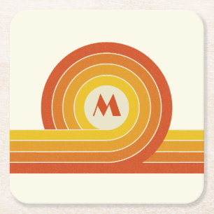 Kreise und Linien im Retrostil gelb und orange Rechteckiger Pappuntersetzer