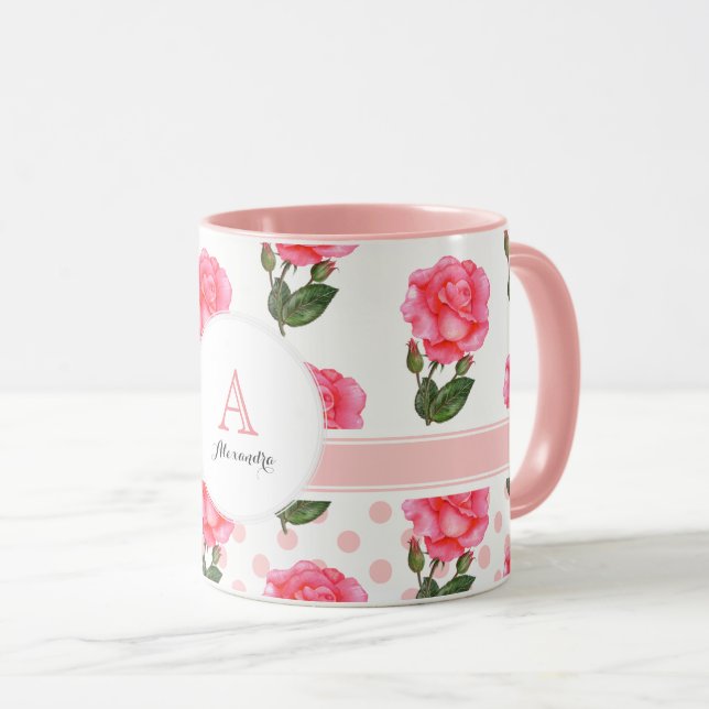 Kreislauf des rosa Roses Polka Dot Monogram Tasse (VorderseiteRechts)