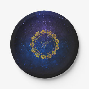 Kreismuster-Monogramm auf blauer Galaxie Pappteller