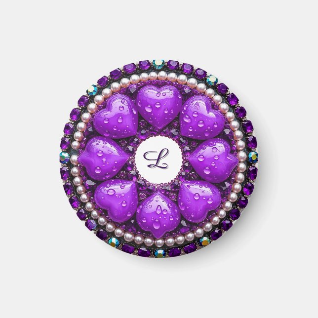 Kreisrunder lila Schmuck-Brosche mit Herz Magnet (Vorne)