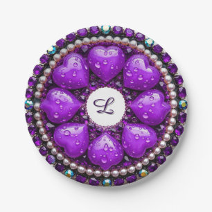 Kreisrunder lila Schmuck-Brosche mit Herz Pappteller