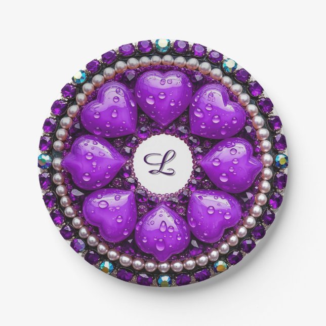Kreisrunder lila Schmuck-Brosche mit Herz Pappteller (Vorderseite)