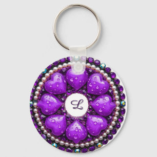 Kreisrunder lila Schmuck-Brosche mit Herz Schlüsselanhänger
