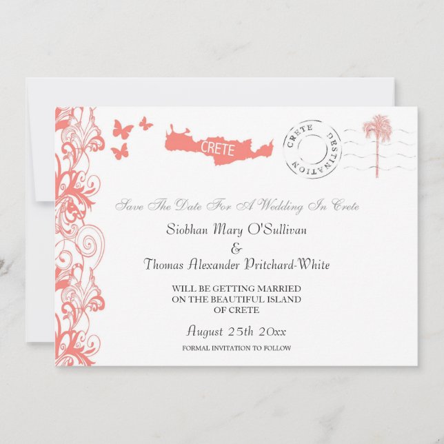 Kreta Save the Date in Korallenrosa und Weiß Einladung (Vorderseite)