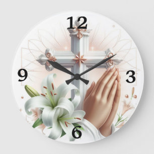 Kreuz, Gebet-Hände und Lilien Große Wanduhr