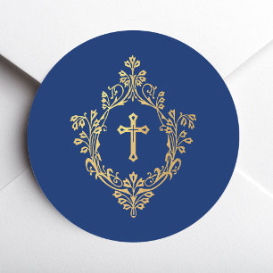 Kreuz im Wappen Royalblau Falsche Goldfolie Religi Runder Aufkleber