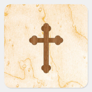 Kreuz in Licht und Dunkelholzbild Quadratischer Aufkleber