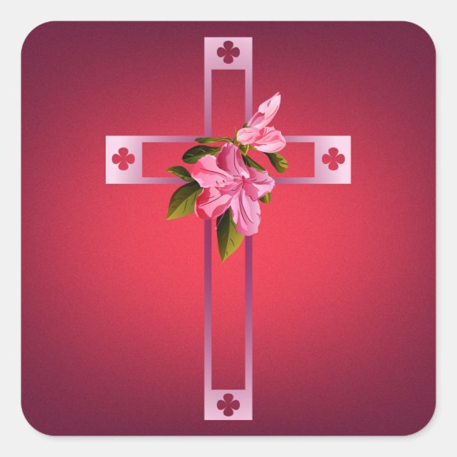Kreuz mit Azalea Blume Ostern Quadratischer Aufkleber (Vorderseite)