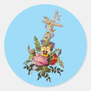 Kreuz mit Blumen in Form eines Ankers Runder Aufkleber