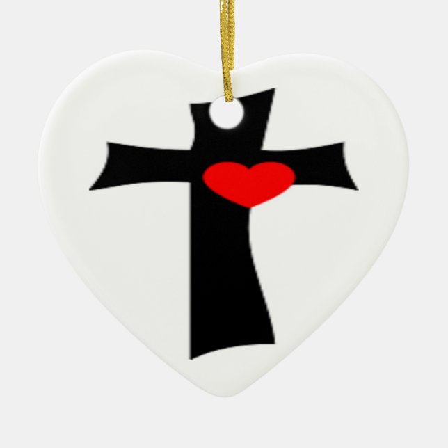 KREUZ MIT ROTEM HERZ KERAMIKORNAMENT (Vorne)