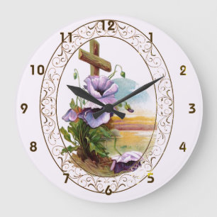 Kreuz mit violetten Blumen Große Wanduhr