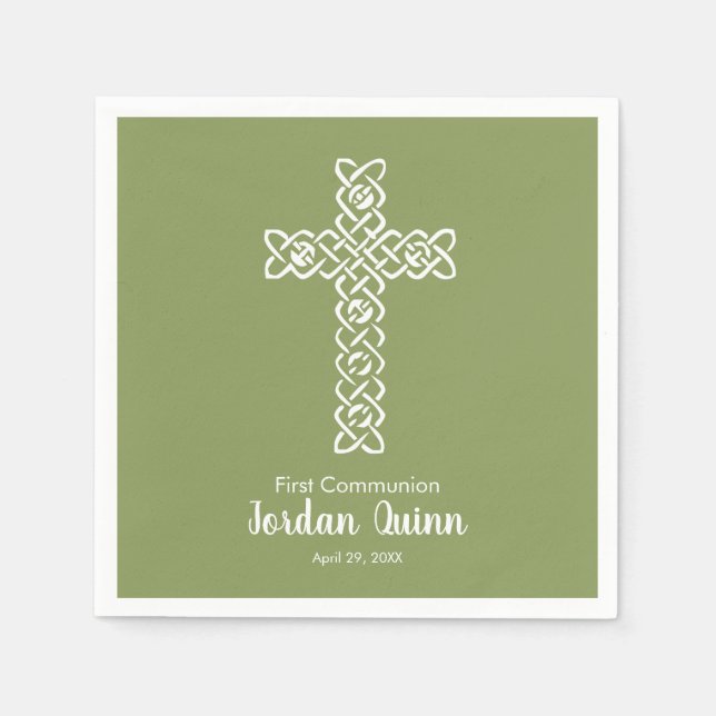 Kreuz | Moss Green Communtions Taufe Christening Serviette (Vorderseite)