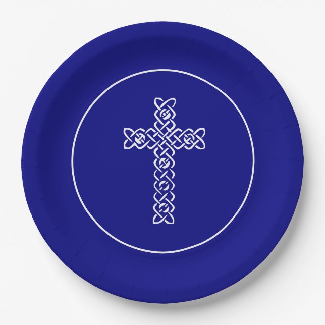 Kreuz | Navy Blue Communion Taufe Christen Pappteller (Vorderseite)