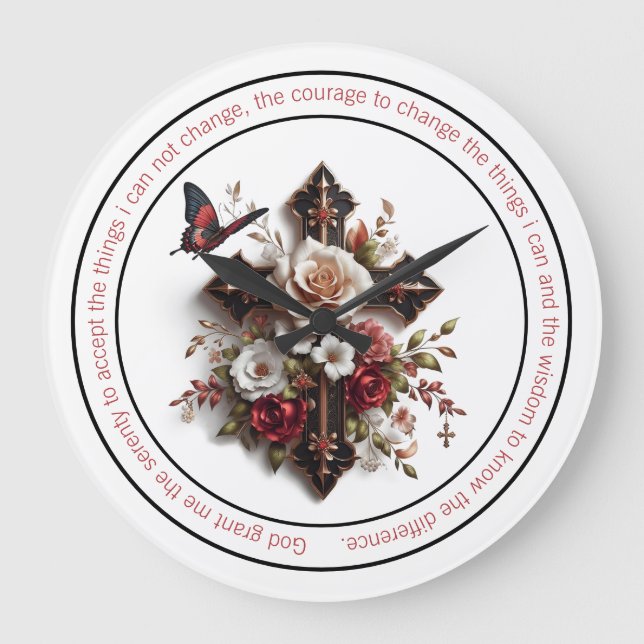Kreuz, Rose, Schmetterling und Stille Große Wanduhr (Vorderseite)