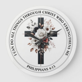 Kreuz, Rose und Bibelverse Große Wanduhr