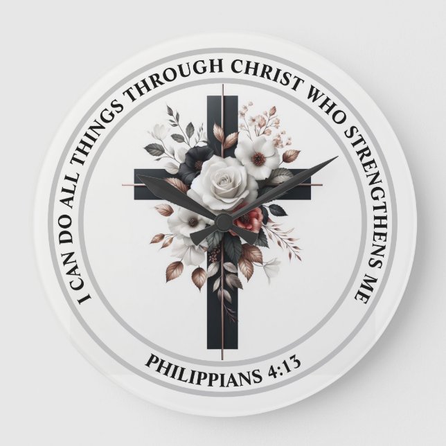 Kreuz, Rose und Bibelverse Große Wanduhr (Vorderseite)