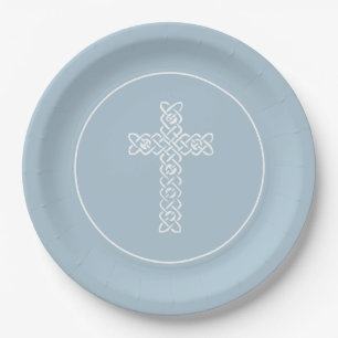 Kreuz   Steel Blue Communion Taufe Christening Pappteller