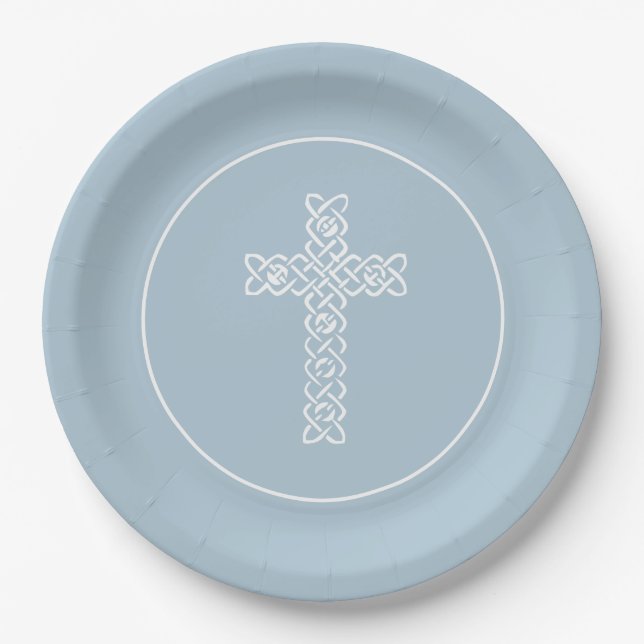 Kreuz | Steel Blue Communion Taufe Christening Pappteller (Vorderseite)