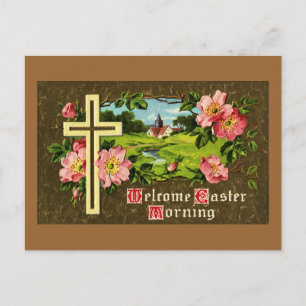 Kreuz, Wilde Rosen und Kirche Vintage Ostern Feiertagspostkarte