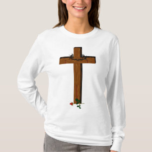 Kreuzen Sie mit Thornkranz und einer Rote Rose T-Shirt