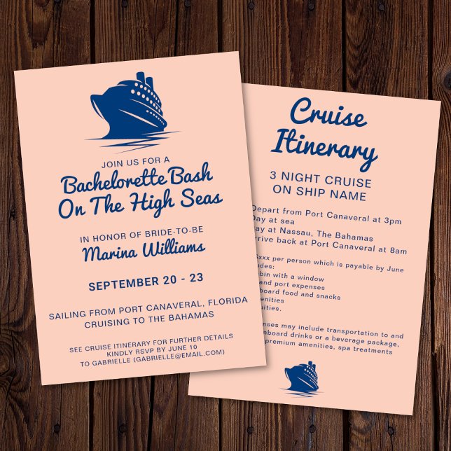 Kreuzfahrtschiff Bachelorette und Pfirsichschiff Einladung (Bachelorette cruise invitation with itinerary. In a navy and peach color palette. )