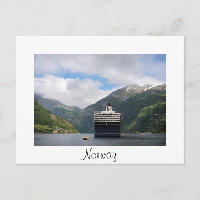 Kreuzfahrtschiff in Geirangerfjord, weiße Postkart Postkarte (Vorderseite)