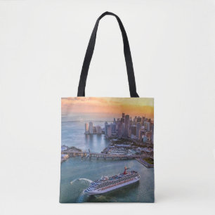 Kreuzfahrtschiff und Küsten-Skyline von Miami bei