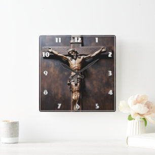 Kreuzigung Jesu auf dem Holzkreuz Quadratische Wanduhr