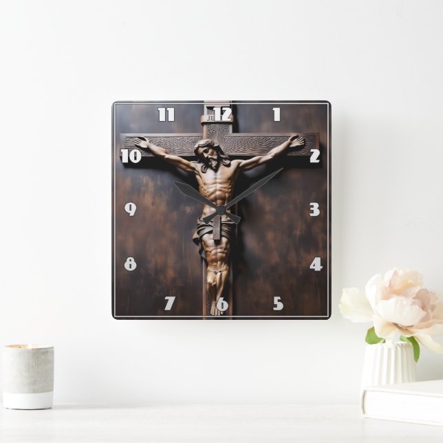 Kreuzigung Jesu auf dem Holzkreuz Quadratische Wanduhr (Zuhause)