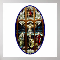 Kreuzigung mit einem gefärbten Glasfenster Jesu