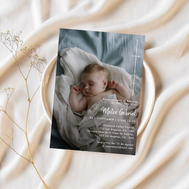 Kreuzkatholische Taufe Kalligrafie Bautizo-Foto Einladung (Von Creator hochgeladen)