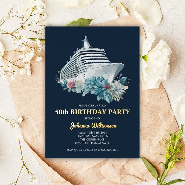 Kreuzschiff 50. Geburtstagsparty Gold Folieneinladung (Cruise Ship 50th Birthday Party Gold Foil Invitation
)