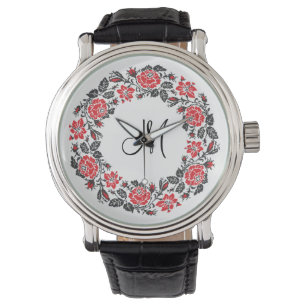 Kreuzstich-Rote Rosen Circle Monogram Armbanduhr