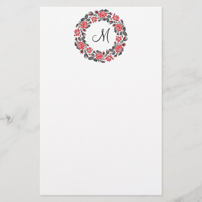 Kreuzstich-Rote Rosen Circle Monogram Briefpapier (Vorderseite)