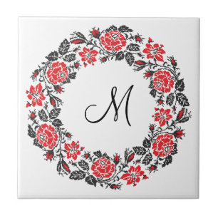 Kreuzstich-Rote Rosen Circle Monogram Fliese