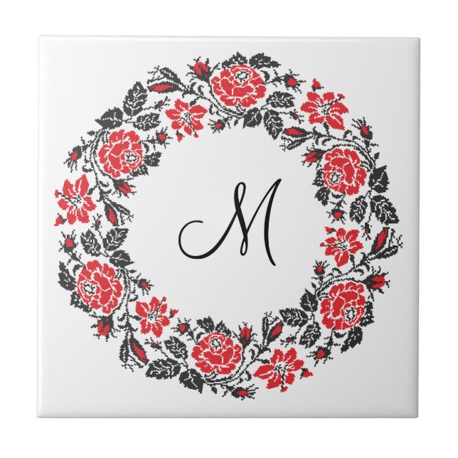 Kreuzstich-Rote Rosen Circle Monogram Fliese (Vorderseite)
