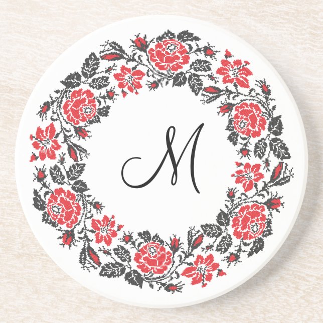 Kreuzstich-Rote Rosen Circle Monogram Getränkeuntersetzer (Vorne)