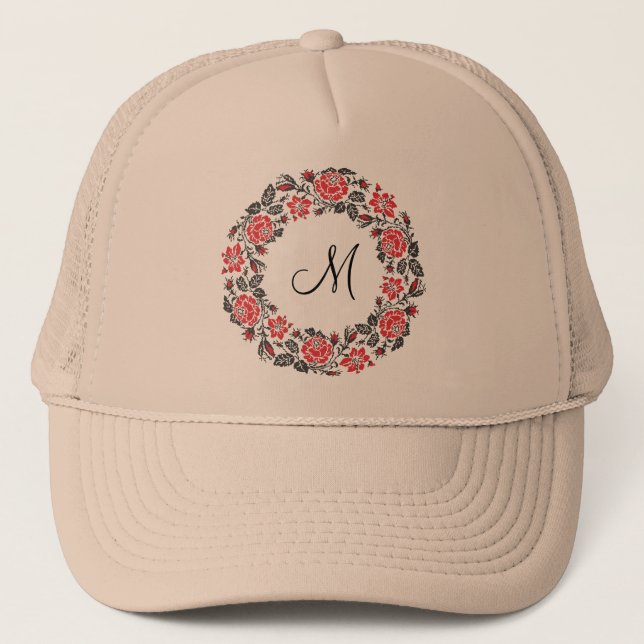Kreuzstich-Rote Rosen Circle Monogram Truckerkappe (Vorderseite)