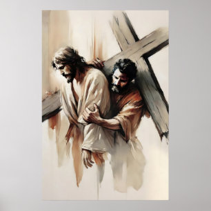 Kreuzweg - Simon von Cyrene hilft Jesus Poster