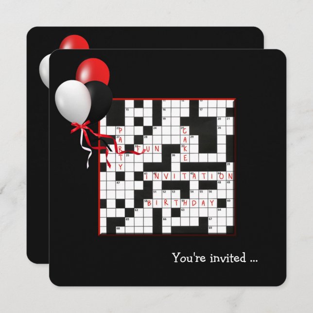 Kreuzworträtsel und Ballons Geburtstagsparty Einladung (Vorne/Hinten)